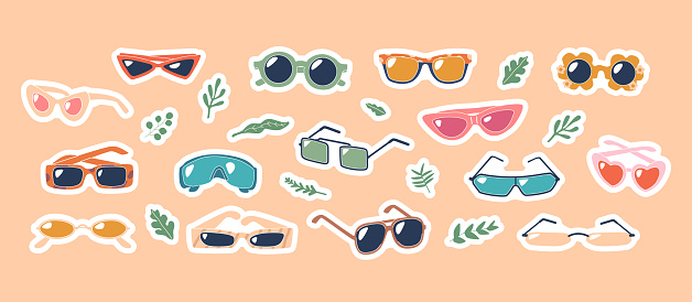 Set Of Stickers with Stylish Sunglasses, Featuring Sleek Frames And Uv-protective Lenses, Perfect For Shielding Eyes From The Sun While Adding A Touch Of Fashion To Your Look. Cartoon Vector Patches