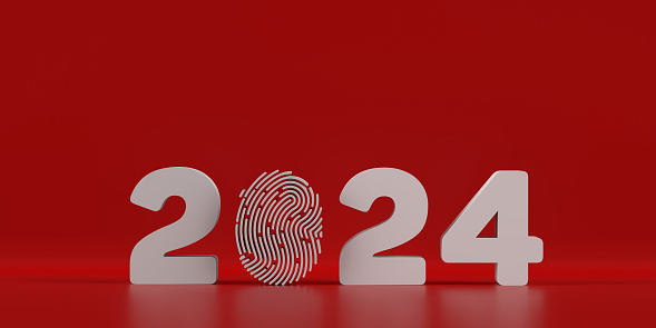 Creative 2024 symbol concept: 3D new calendar year numbers on blank colored background. Dropped shadow. Copy space. Holiday greeting card illustration. Design template for special celebration, presentation, poster.