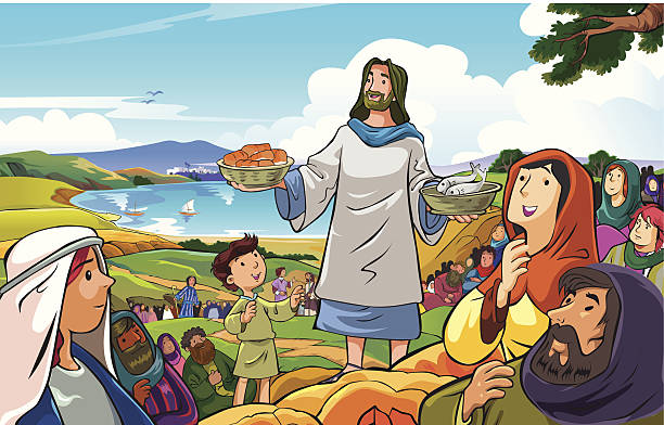 Jesus distributing loaves of bread and fish to the crowd vector art illustration