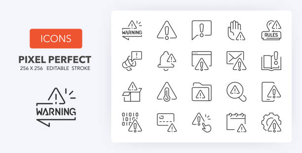 Warning line icons 256 x 256 Warning and exclamations marks, thin line icon set. Outline symbol collection. Editable vector stroke. 256x256 Pixel Perfect scalable to 128px, 64px... danger stock illustrations