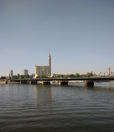 View for nile revier with Qasr El Nil Bridge and Cairo Tower at morining - Downtown, Cairo, Egypt