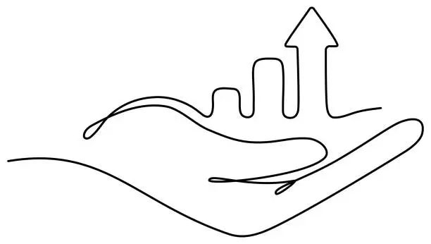 Vector illustration of Hand holding arrow with growth graph continuous line drawing.