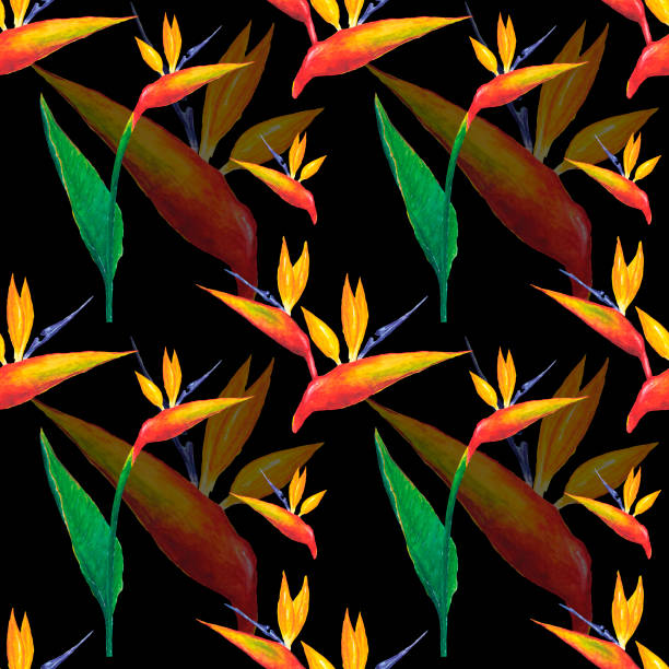 istock Watercolor floral tropical seamless pattern, Strelitzia reginae flowers with leaves. Bird of paradise botanical hand drawn painting on black background for art design, wedding invitation, wallpaper. 1671483853