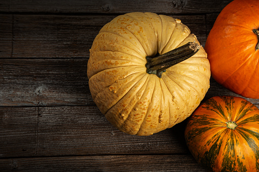 variety of pumpkins on wooden table autumn background