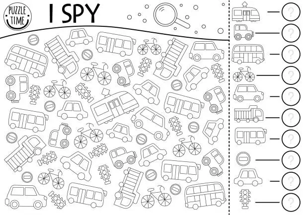 Vector illustration of Transportation I spy black and white game for kids. Searching and counting line activity with car, bus, tram, taxi, truck, traffic lights, road signs. City printable worksheet, coloring page, puzzle