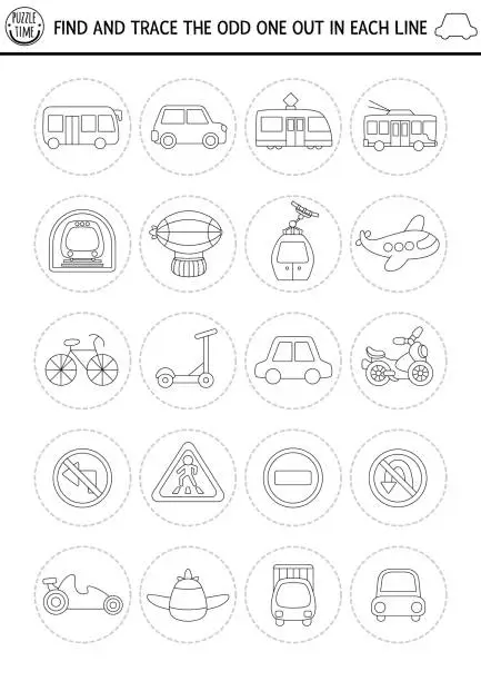 Vector illustration of Find the odd one out. Transportation black and white logical activity for kids. Air, land, public transport educational quiz worksheet, coloring page. Printable game with car, bus, plane, road signs, subway