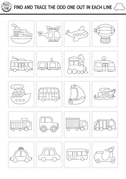 Vector illustration of Find the odd one out. Transportation black and white logical activity for kids. Water, air, land, public transport educational quiz worksheet or coloring page. Printable game with car, bus, train, truck