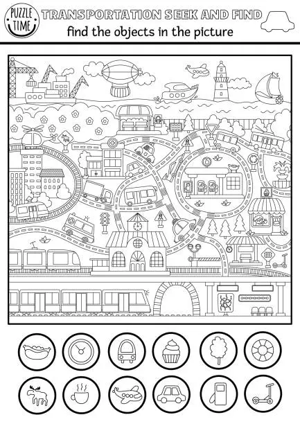 Vector illustration of Vector transportation searching black and white game with city landscape with roads, cars, metro. Spot hidden objects coloring page. Water, air, land transport seek and find activity for kids