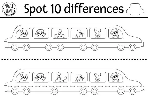 Vector illustration of Find differences game for children. Transportation black and white activity with cute limousine, passengers, driver. Coloring page for kids with transport. Printable worksheet with limo