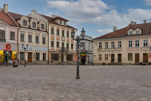 Rzeszow, The capital of the Podkarpackie Voivodeship and the center of the Rzeszow agglomeration. Charming streets in the city center full of locals and tourists. Old town market square and City hall of Rzeszow, Poland