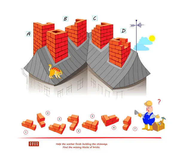 Vector illustration of Logic game for smartest. 3D puzzle. Help the worker finish building the chimneys. Find the missing blocks of bricks. Brain teaser book. IQ test. Play online. Developing spatial thinking skills.