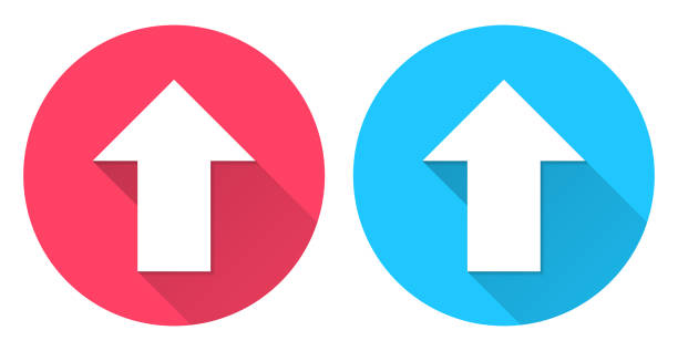 Up arrow. Round icon with long shadow on red or blue background Icons of "Up arrow" with long shadow style on colored circle buttons. Two icon versions included in the bundle: - One white icon on a pink / red circle button. - One white icon on a blue circle button. Vector Illustration (EPS file, well layered and grouped). Easy to edit, manipulate, resize or colorize. Vector and Jpeg file of different sizes. arrow up symbol stock illustrations