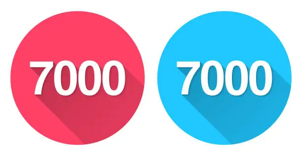 Vector illustration of 7000 - Seven thousand. Round icon with long shadow on red or blue background