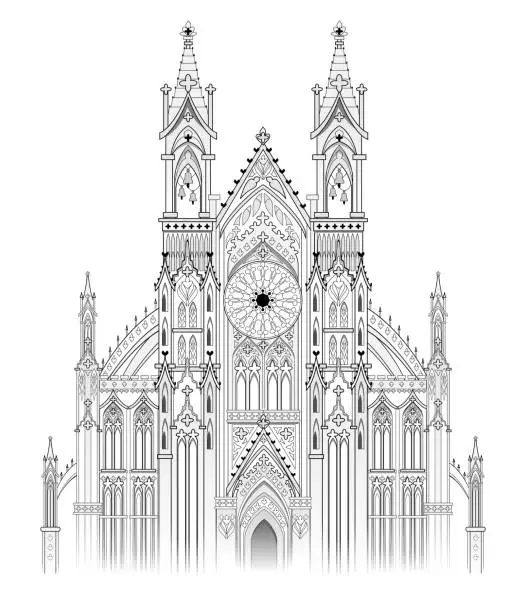 Vector illustration of Drawing of fantasy castle. Gothic architectural style. Medieval architecture in Western Europe. Black and white page for coloring book. Worksheet for children and adults. Christian cathedral.
