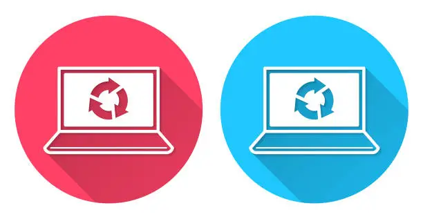 Vector illustration of Refresh or reload on laptop. Round icon with long shadow on red or blue background