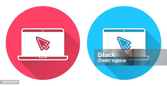 istock Laptop with pointer. Round icon with long shadow on red or blue background 1671541371