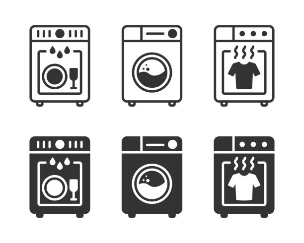 Clothes dryer icon. Washing machine icon. Dishwasher icon. Vector illustration. Clothes dryer icon. Washing machine icon. Dishwasher icon. Vector illustration dishwasher stock illustrations