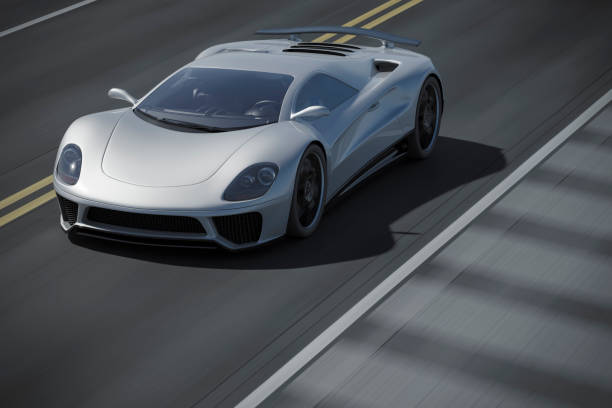 A modern silver sports car travelling fast along a road. Unique generic car design.  Designed and modelled entirely by myself. Very high resolution 3D render. All markings are ficticious.