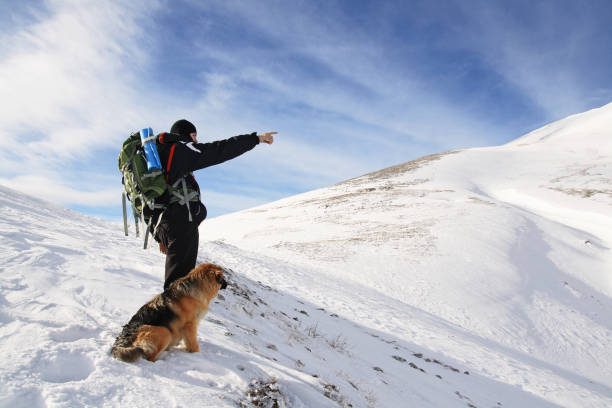 istock Hiker and dog stending on mountain 167155158