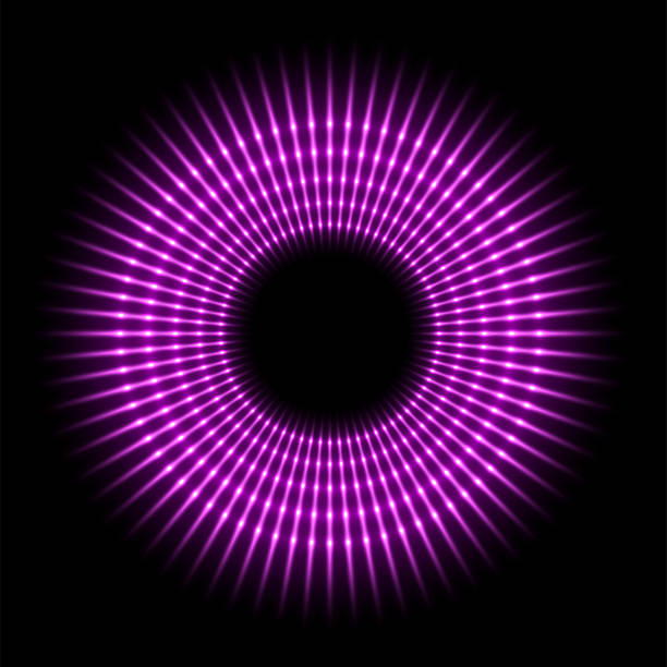 ilustraciones, imágenes clip art, dibujos animados e iconos de stock de anillo de líneas con ilustración vectorial de efecto de luz resplandeciente púrpura. círculo de neón rosa abstracto con rayos de flash, marco circular brillante, portal de fantasía radial de chispas de energía sobre fondo negro - vehicle door flash