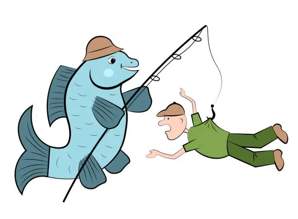 Vector illustration of The fish caught the fisherman