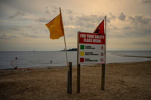 Warning flags and sign on the beach in Milford, Connecticut