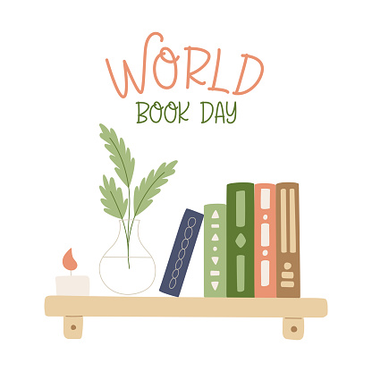 World book day greeting card. Hardcover books, vase and candle standing on bookshelf. Decoration for booklovers day. Flat cartoon vector illustration isolated on a white background