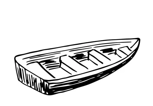 Vector illustration of Simple black outline vector drawing. Old wooden boat, recreation and fishing. Sketch in ink.