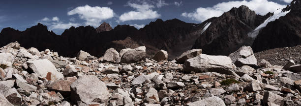 Panoramic image of mountains with glaciers.