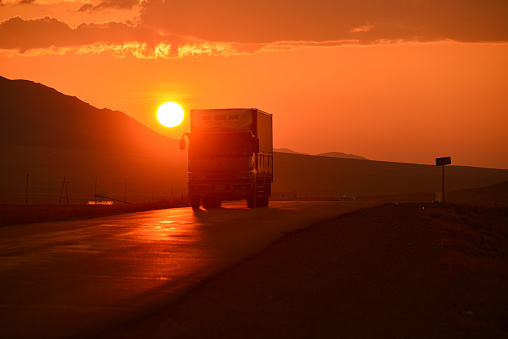 truck, road, sunrise