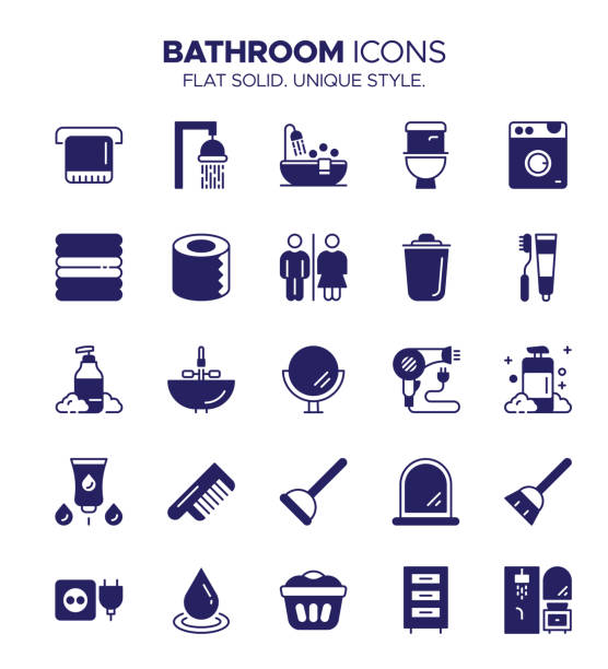 illustrazioni stock, clip art, cartoni animati e icone di tendenza di bathroom icon set - accessori bagno, doccia, vasca da bagno, wc, lavandino, specchio - shower falling water water falling