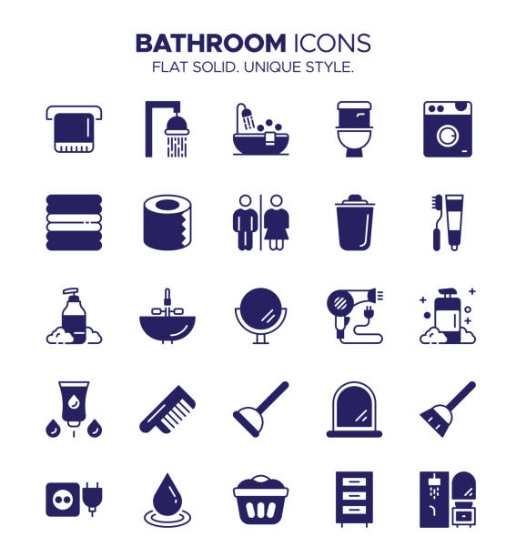 ilustrações, clipart, desenhos animados e ícones de conjunto de ícones para casa de banho - acessórios para casa de banho, chuveiro, banheira, sanita, lavatório, espelho - shower falling water water falling