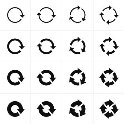 16 arrow pictogram black icon set. Simple refresh, reload, rotation, loop sign on white background. Modern contemporary solid plain flat mono minimal style. 