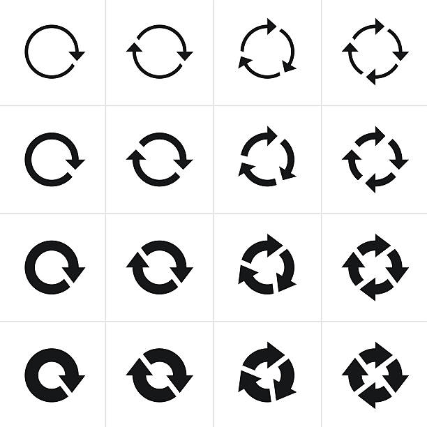Arrow sign black icon refresh reload rotation loop pictogram 16 arrow pictogram black icon set. Simple refresh, reload, rotation, loop sign on white background. Modern contemporary solid plain flat mono minimal style.  loopable elements stock illustrations