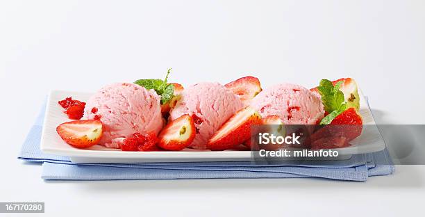 Three Scoops Of Strawberry Ice Cream Stock Photo - Download Image Now - Ice Cream, Sorbet, Sphere