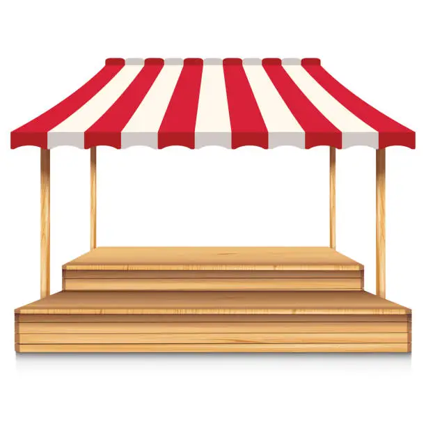 Vector illustration of Wooden market stall with red awning isolated on white background.