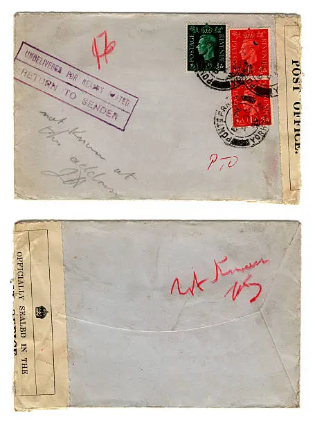 A British envelope which has been opened by the Post Office and returned to the sender because the intended recipient was 'not known at this address'. Names and addresses removed.