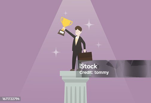 istock Success celebration with trophy on roman pillar for employee of the month 1671722794