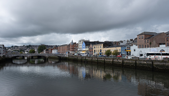 Cork, Ireland, September 9 2021:Urban cityscape of cork city river lee and Saint particks bridge. Ireland europe.