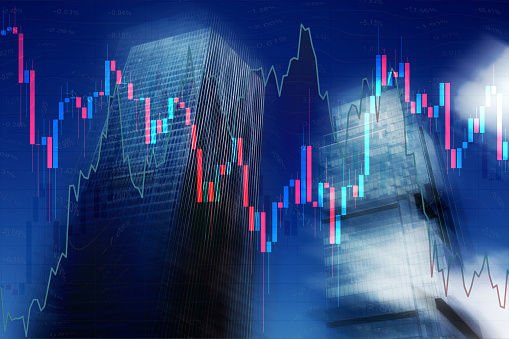 Stock market data and finance charts on skyscraper