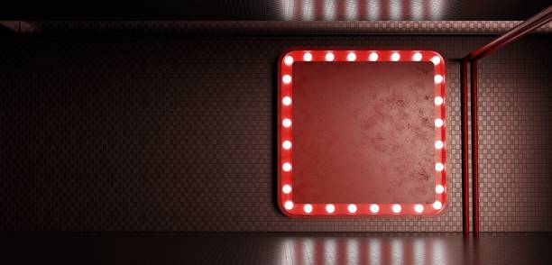 istock Blank glow signboard on retro style wall Illuminated billboard Billboard Frame with glowing neon bulbs Background 3d illustration 1671770616