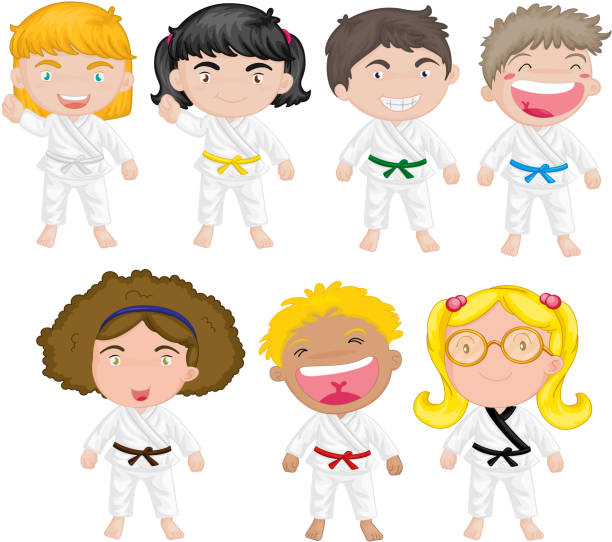 ilustrações, clipart, desenhos animados e ícones de karate crianças - martial arts child judo computer graphic