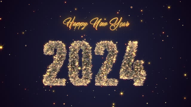 Happy New Year 2024 with glittering diamonds and starfield background