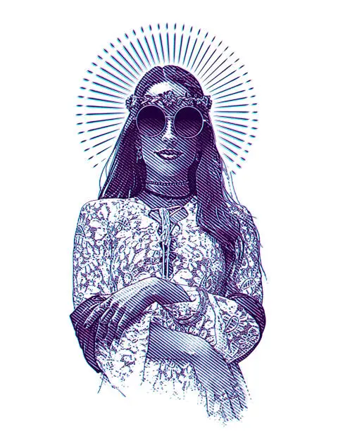 Vector illustration of Portrait of Retro Hippie Woman with Glitch Technique