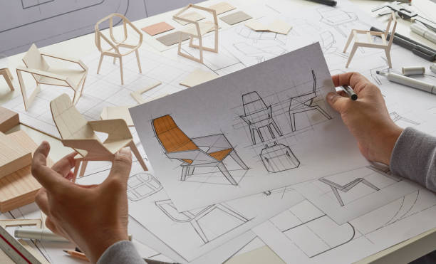 istock Designer sketching drawing design development product plan draft chair armchair Wingback Interior furniture prototype manufacturing production. designer studio concept . 1671855806