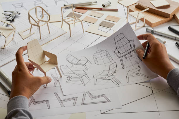istock Designer sketching drawing design development product plan draft chair armchair Wingback Interior furniture prototype manufacturing production. designer studio concept . 1671855808