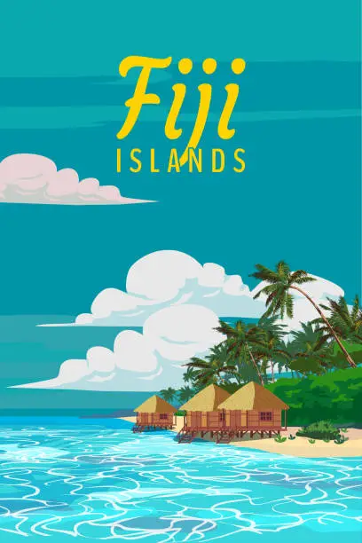 Vector illustration of Travel poster Fiji tropical islands resort vintage