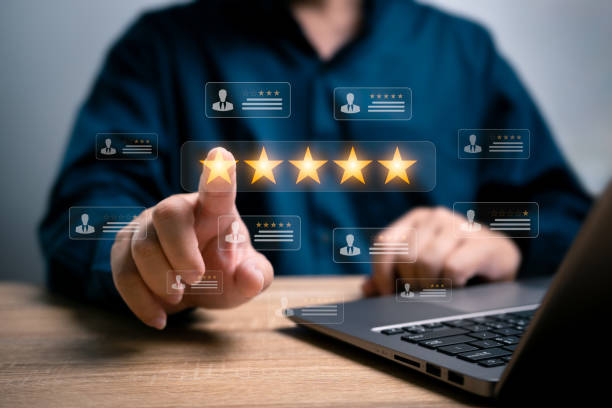 istock Customer service experience and satisfaction survey concept, Businessman give five-star rate satisfaction to products online satisfaction feedback review good quality product by costomers 1671880493