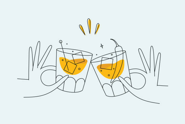 Hand holding whiskey and old fashioned clink glasses light Hand holding whiskey and old fashioned cocktails clinking glasses drawing in flat line style on light background celebratory-toast stock illustrations