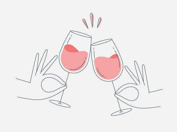 Hand holding wine clink glasses Hand holding wine clinking glasses drawing in flat line style celebratory-toast stock illustrations